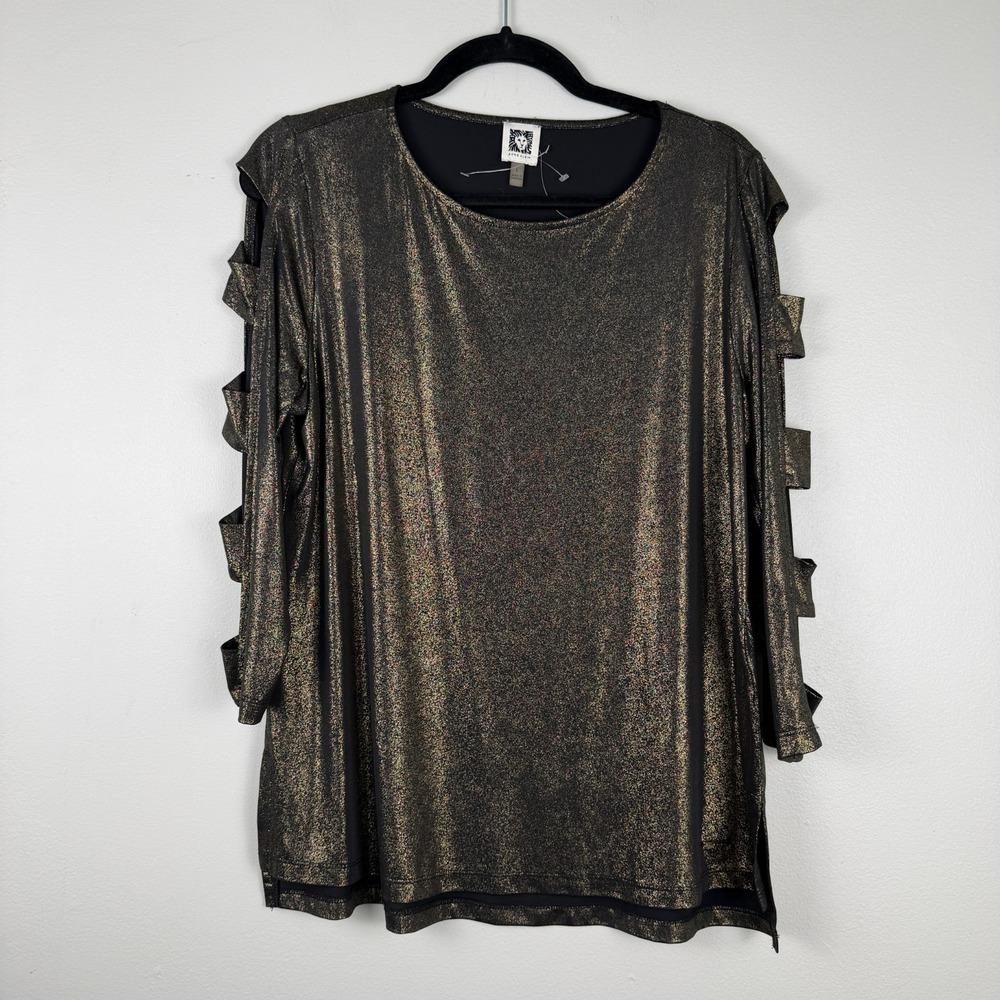 Anne Klein Blouse Womens Large Black Gold Metallic Open-Slit 3/4 Sleeve‎ Stretch